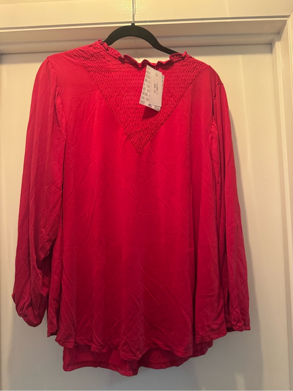 LuLaRoe Clara - Bright Red Smocked Yoke Long Sleeve Top